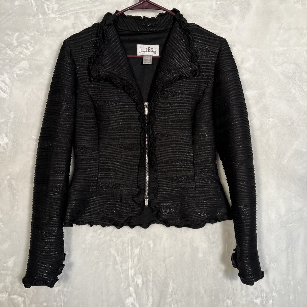Vintage 1990s Black Joseph Ribkoff Shimmer Ruched Horizontal Jacket Size 6 Y2K